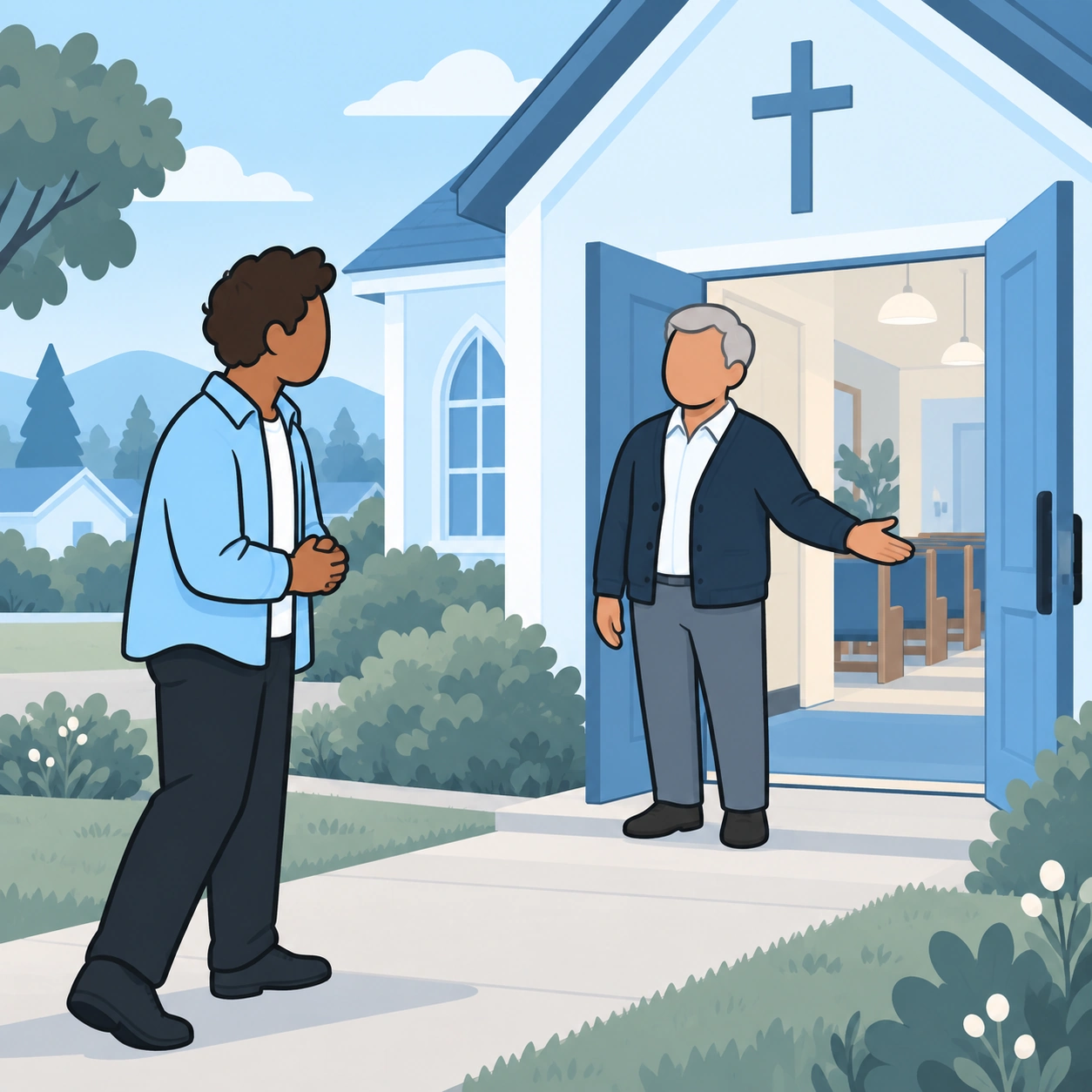 A first-time visitor pauses outside a church as an older greeter offers a relaxed welcome.