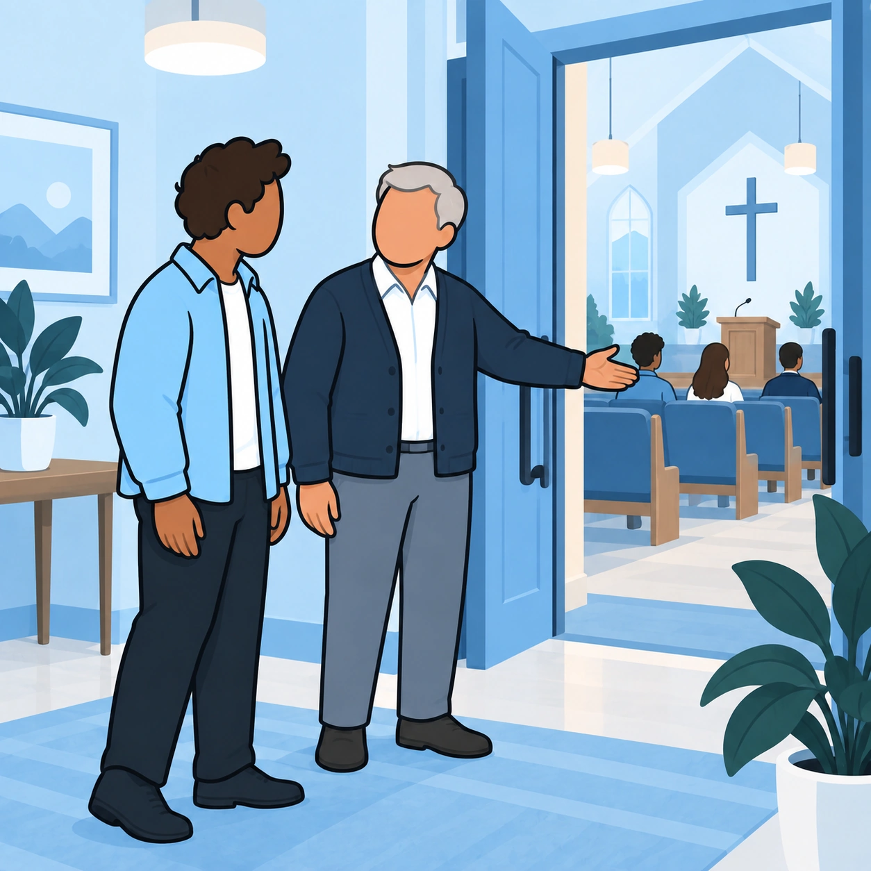 The greeter shows the first-time visitor where the sanctuary is from the church foyer.