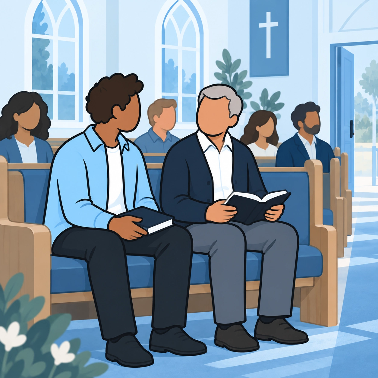 He sits near the greeter during the service.