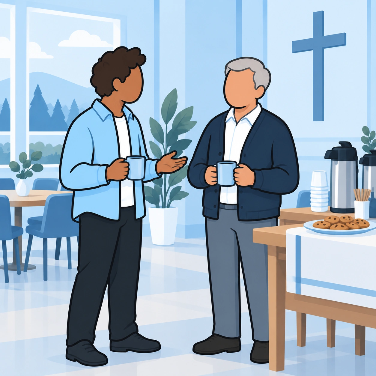 They talk with mugs beside a refreshments table.