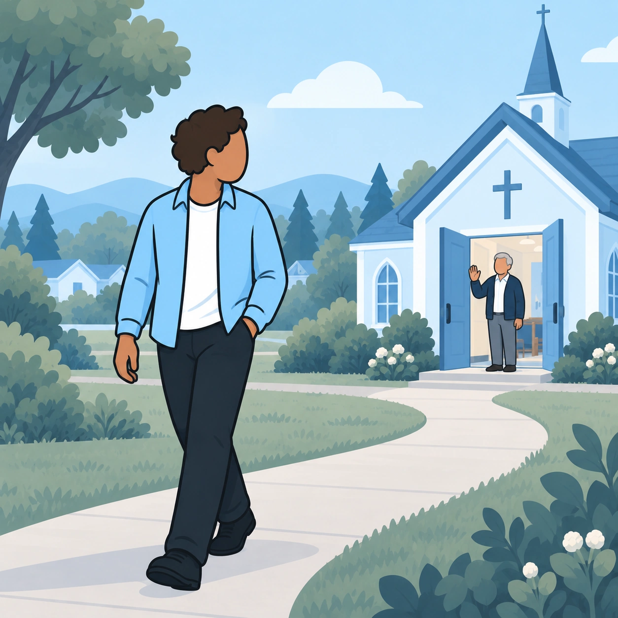 He walks away from the church along a quiet path.