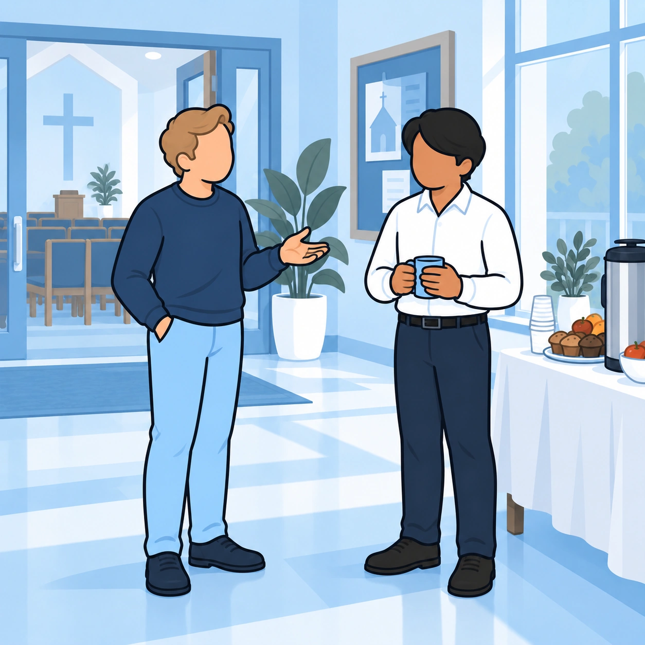 He begins a friendly conversation while leaving space between them.