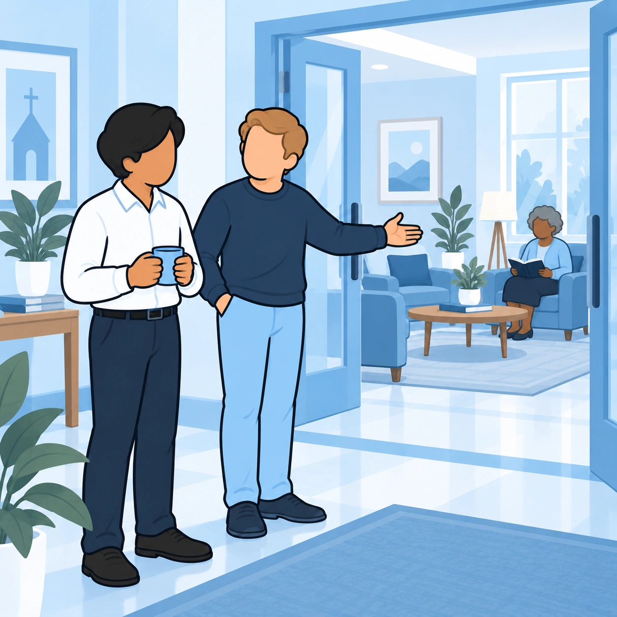 He gestures toward the seating area as the visitor listens.