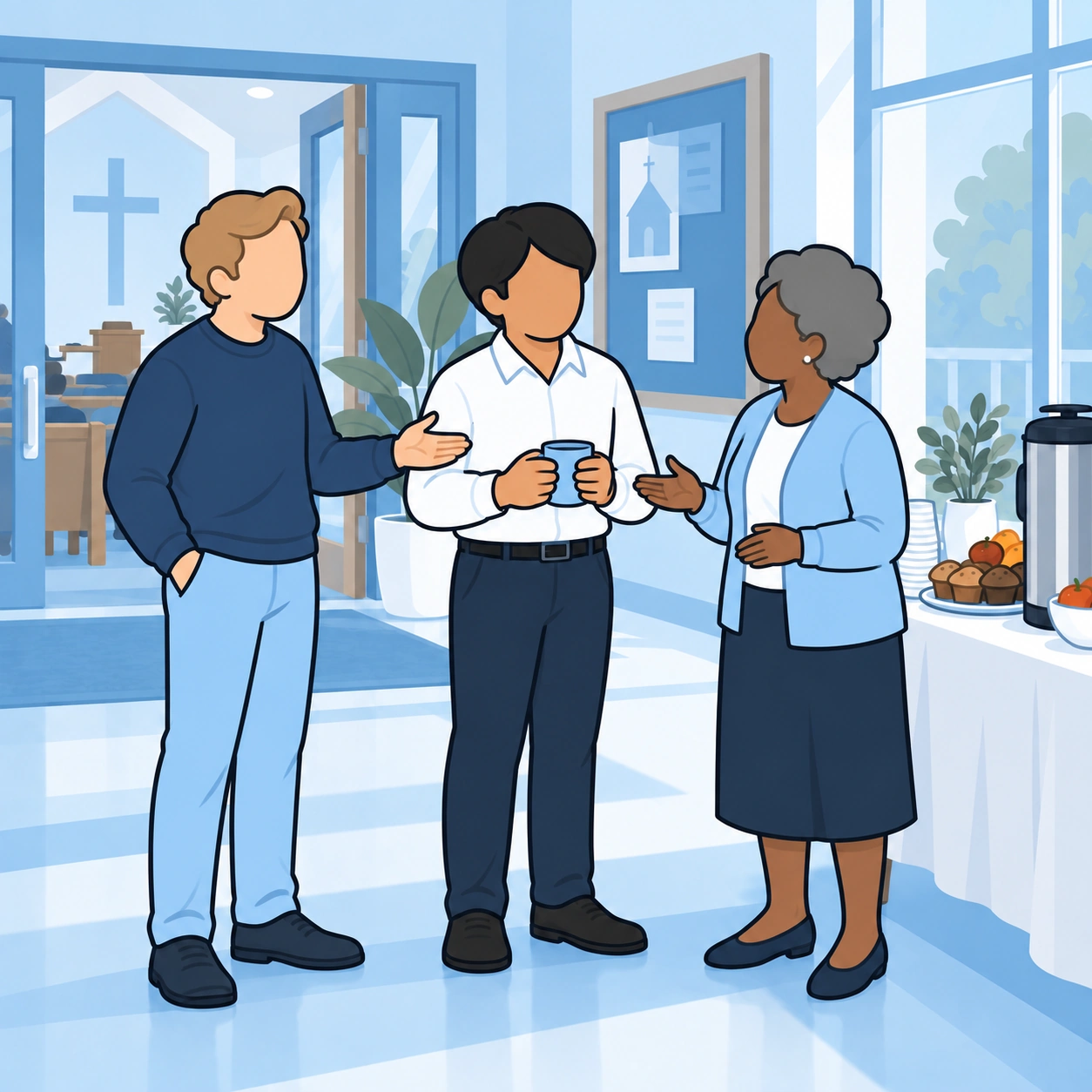 He introduces the visitor to an older woman near the refreshments.