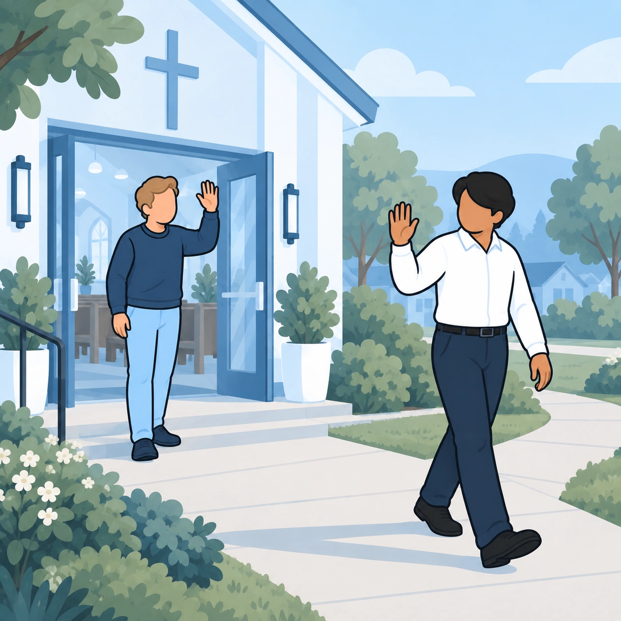 He waves from the doorway as the visitor walks away and waves back.