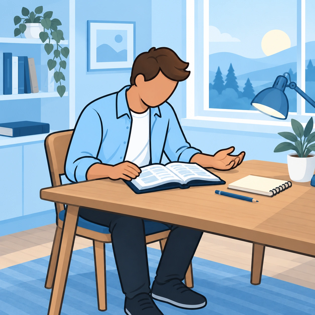 A man pauses over an open Bible at his desk with a difficult question.