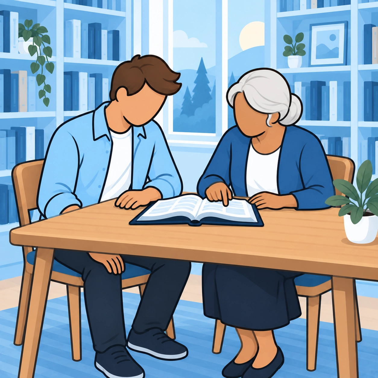 The man examines a Bible passage with an older woman at a library table.