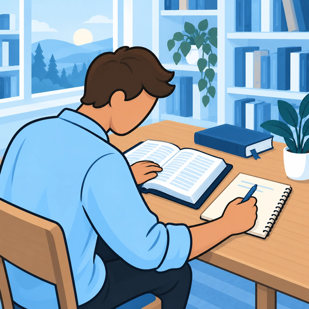 The man records a question in his notebook beside the open Bible.