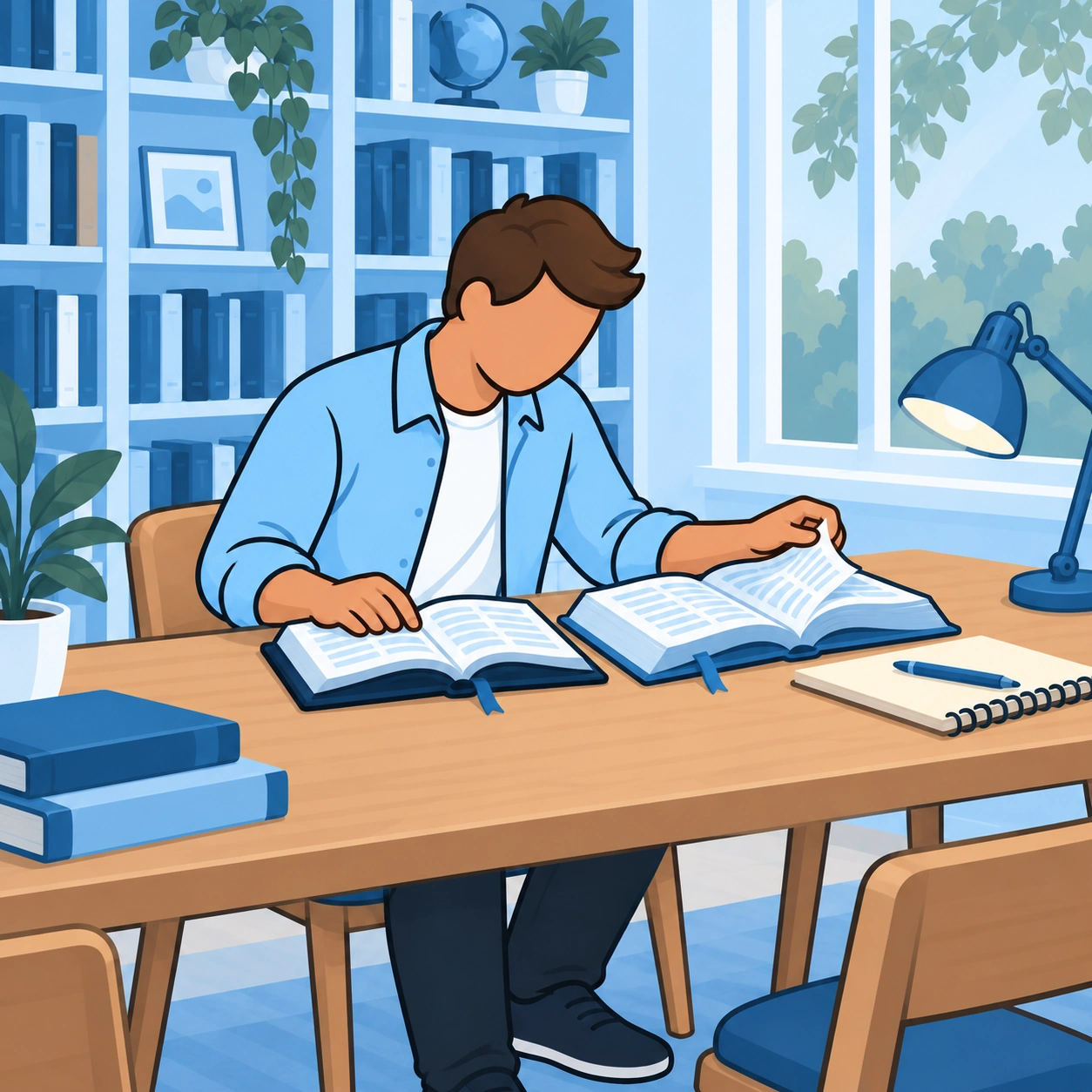 The man compares two open books while studying at a broad library table.
