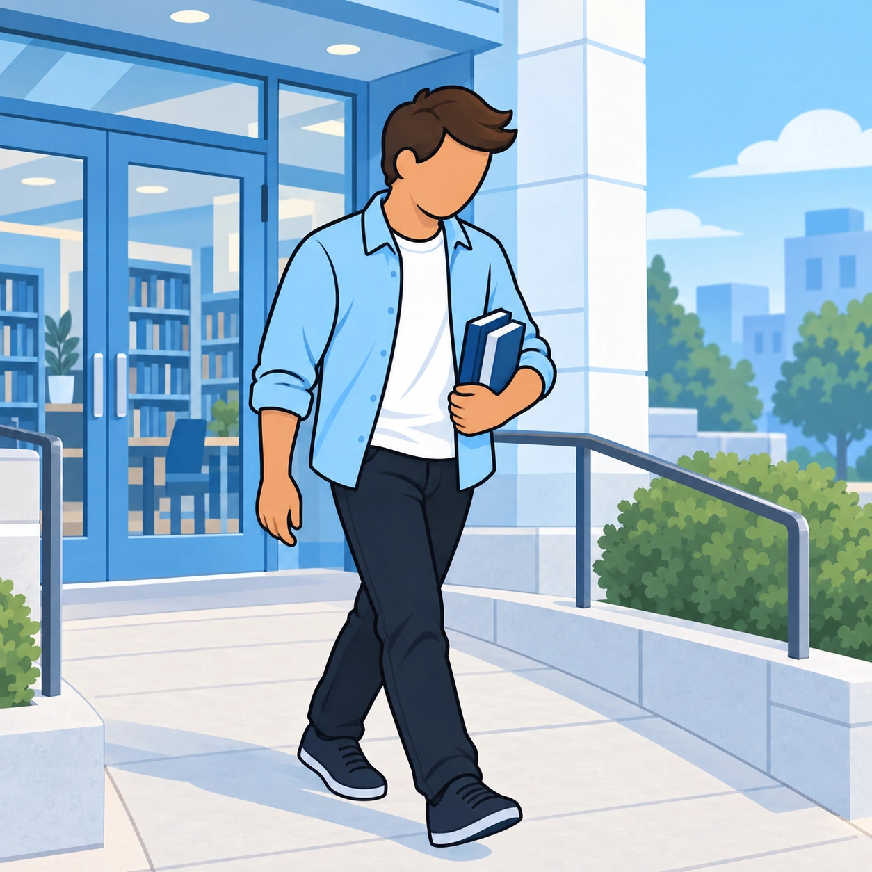 The man leaves the library carrying two books, ready to continue learning.