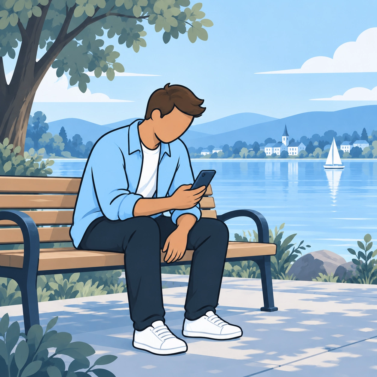 A man checks his phone while sitting alone on a lakeside bench.