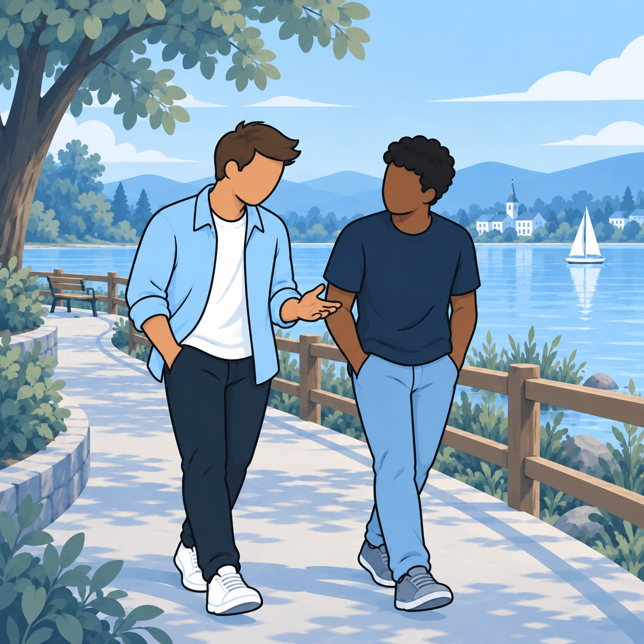 The man talks with a friend while walking by the water.