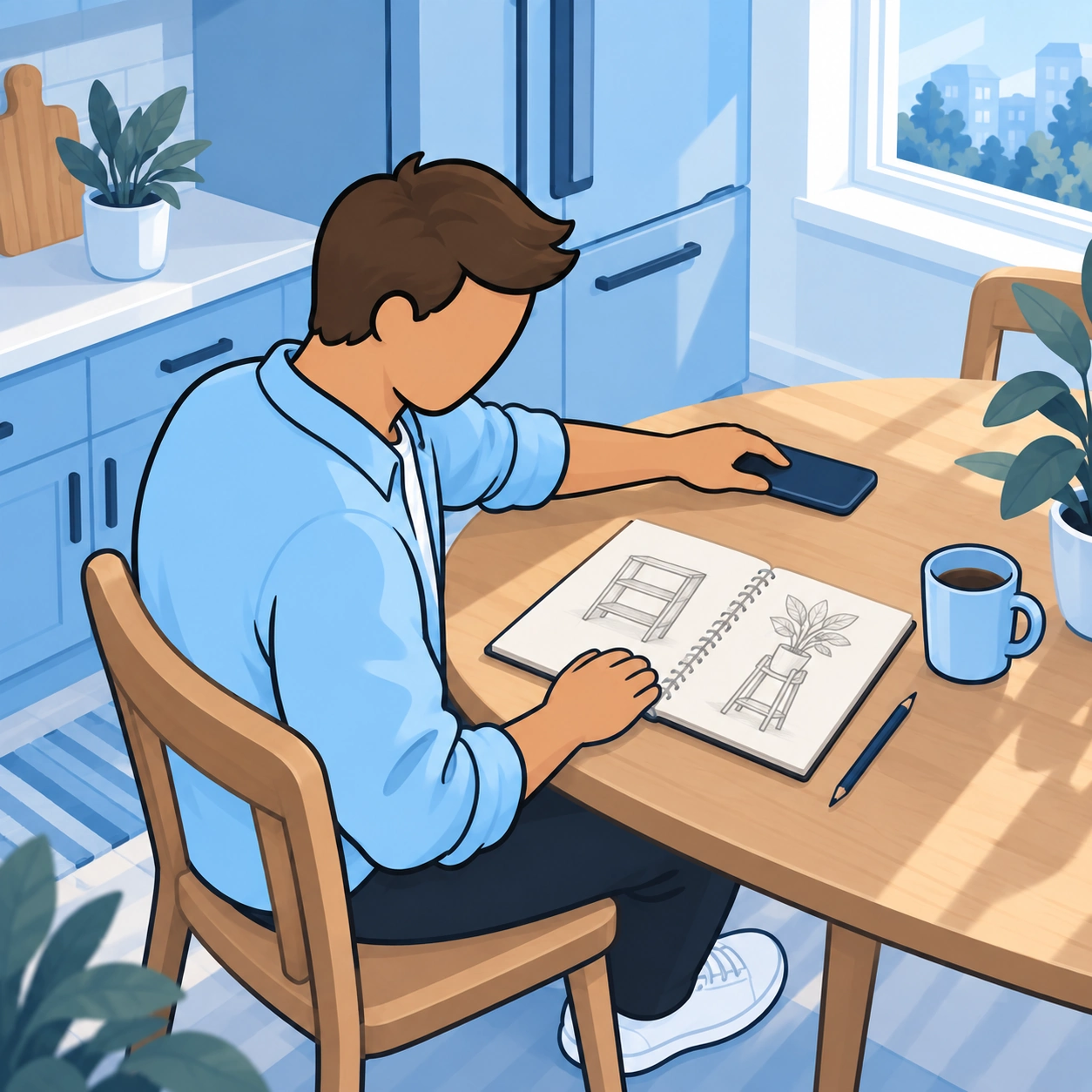 The man sets his phone aside beside sketches of possible goals.