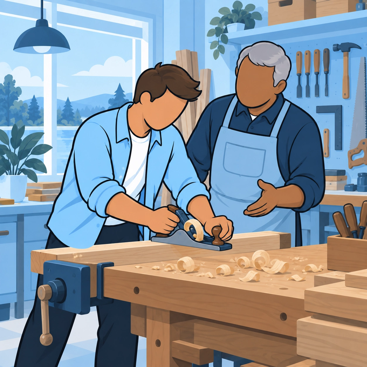 An older woodworker helps the man plane a board.
