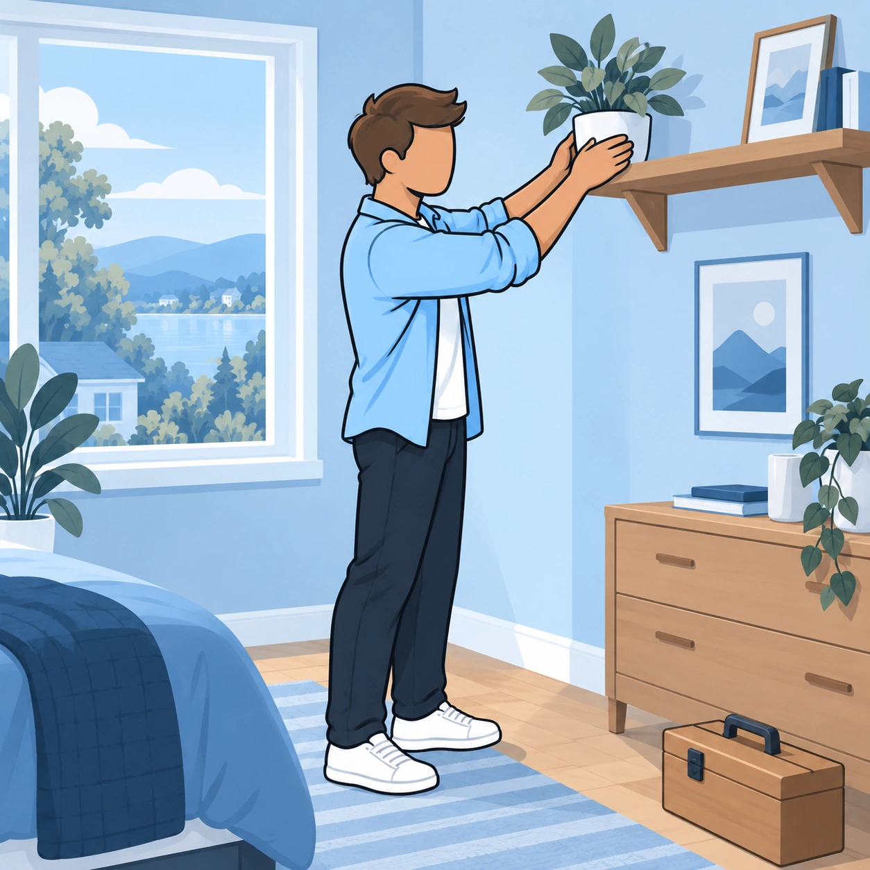 The man places a potted plant on a small shelf he has made for his bedroom.