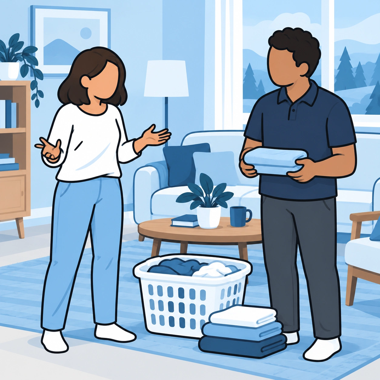 A woman reacts angrily to laundry on the floor while a man stands nearby.