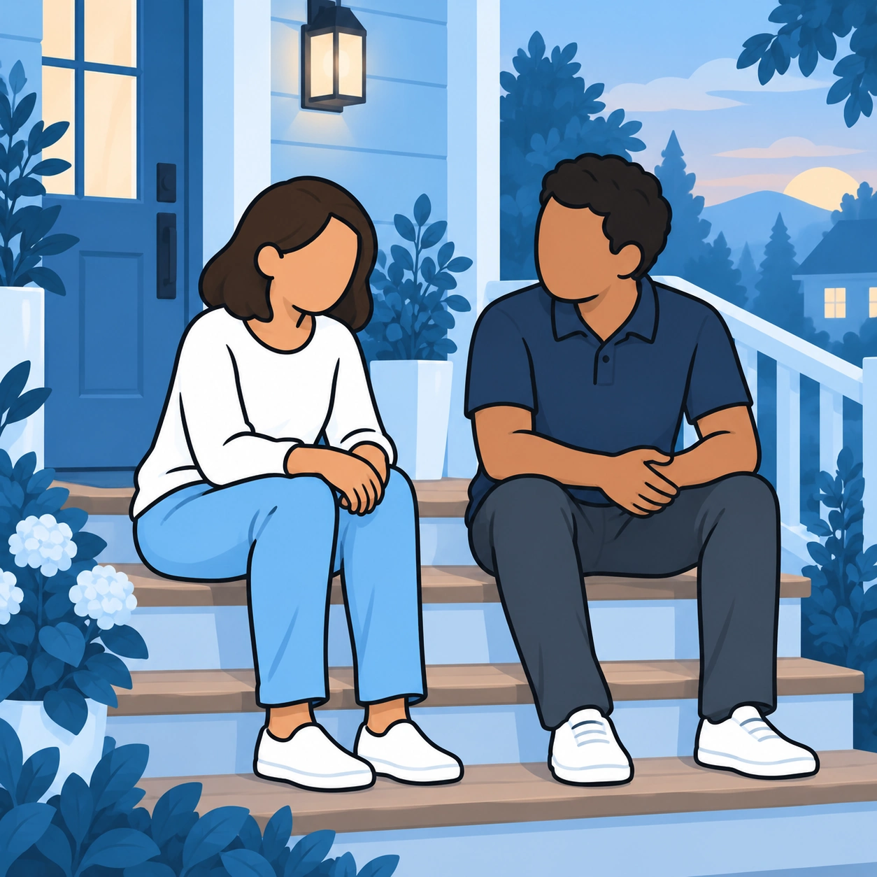 She sits on the doorstep with the man, looking upset.