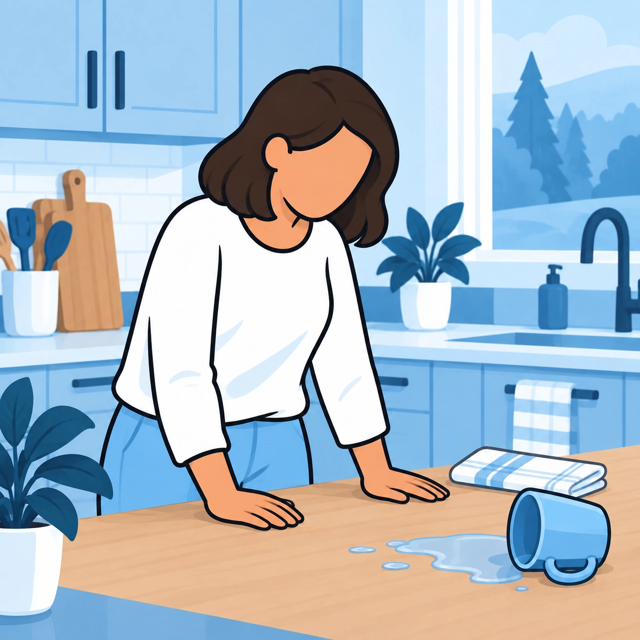 She raises her hands after a mug spills on the kitchen counter.