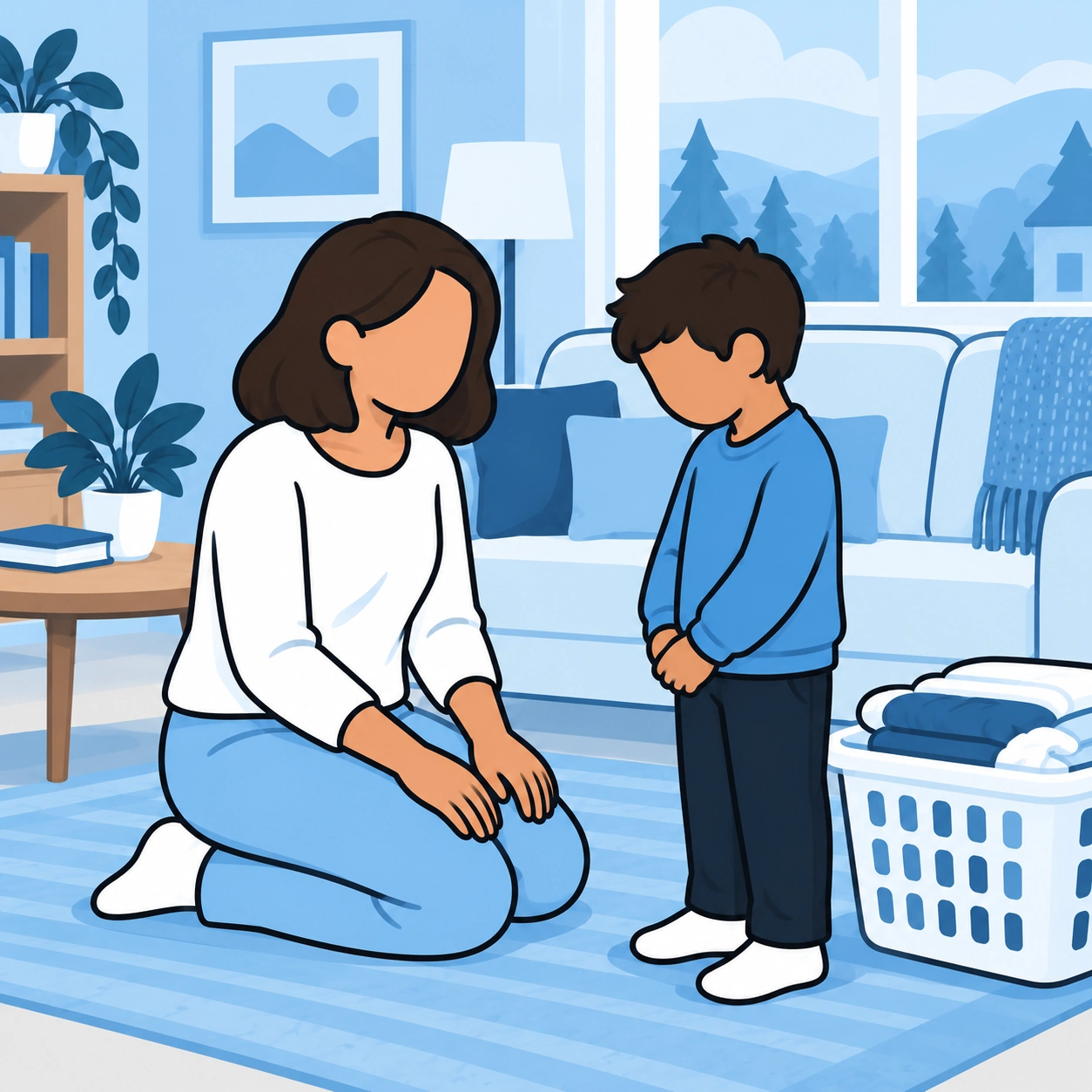 She kneels to speak calmly with a child beside a laundry basket.
