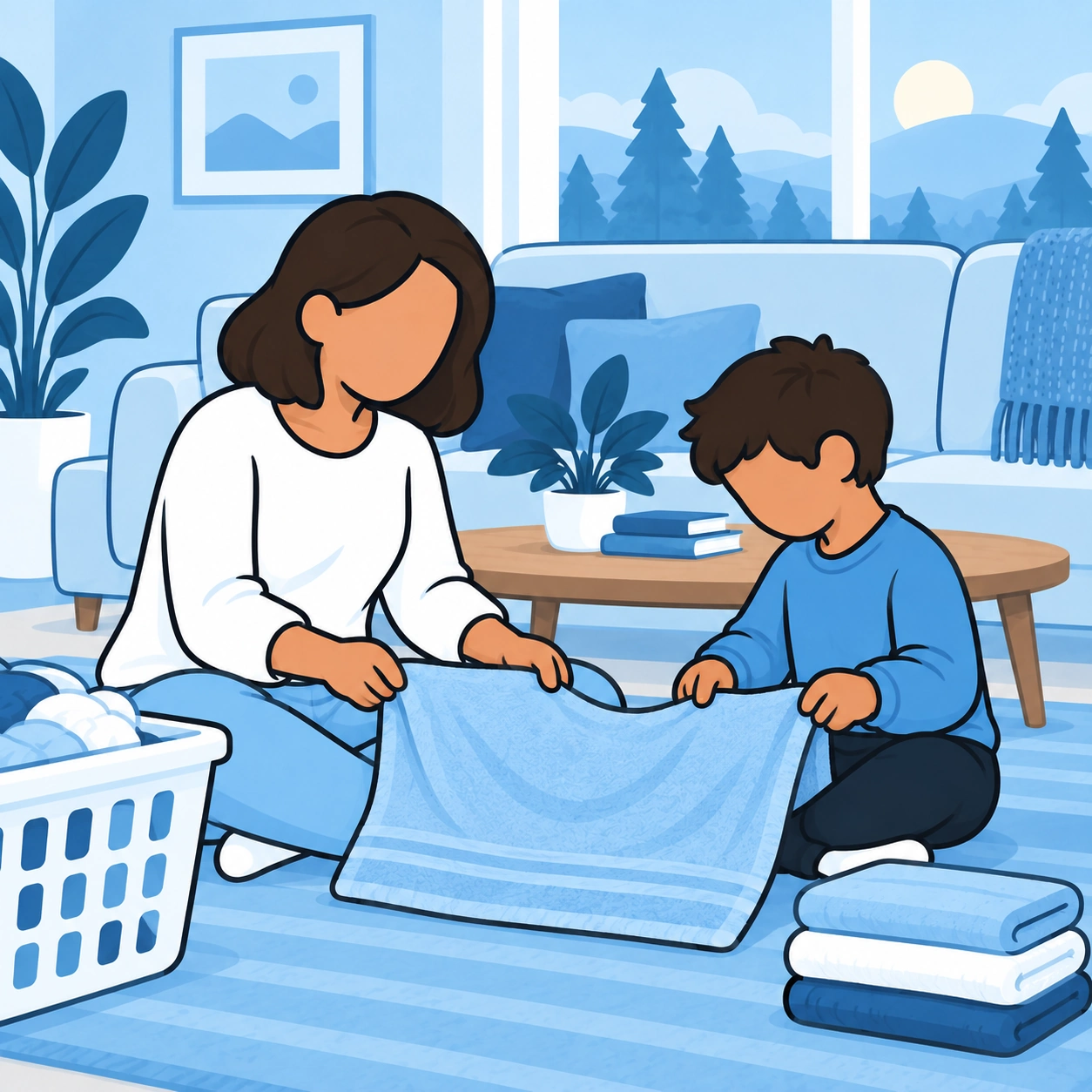 She and the child fold a towel together.