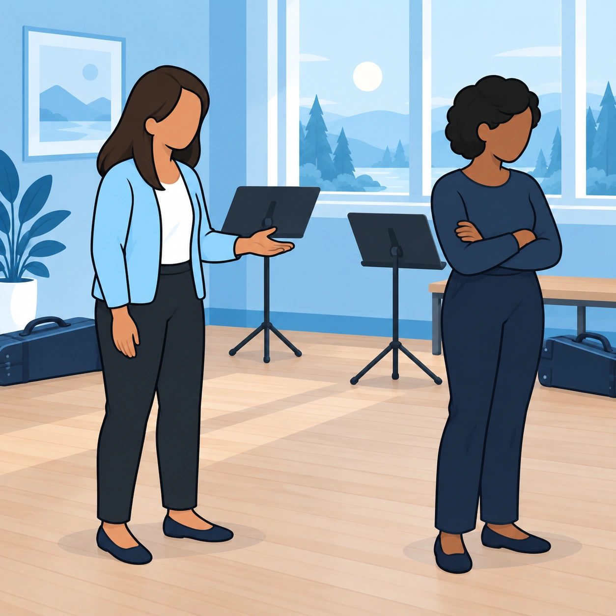 A woman in a pale blue cardigan offers an apology to another musician who stands apart with folded arms in a rehearsal room.