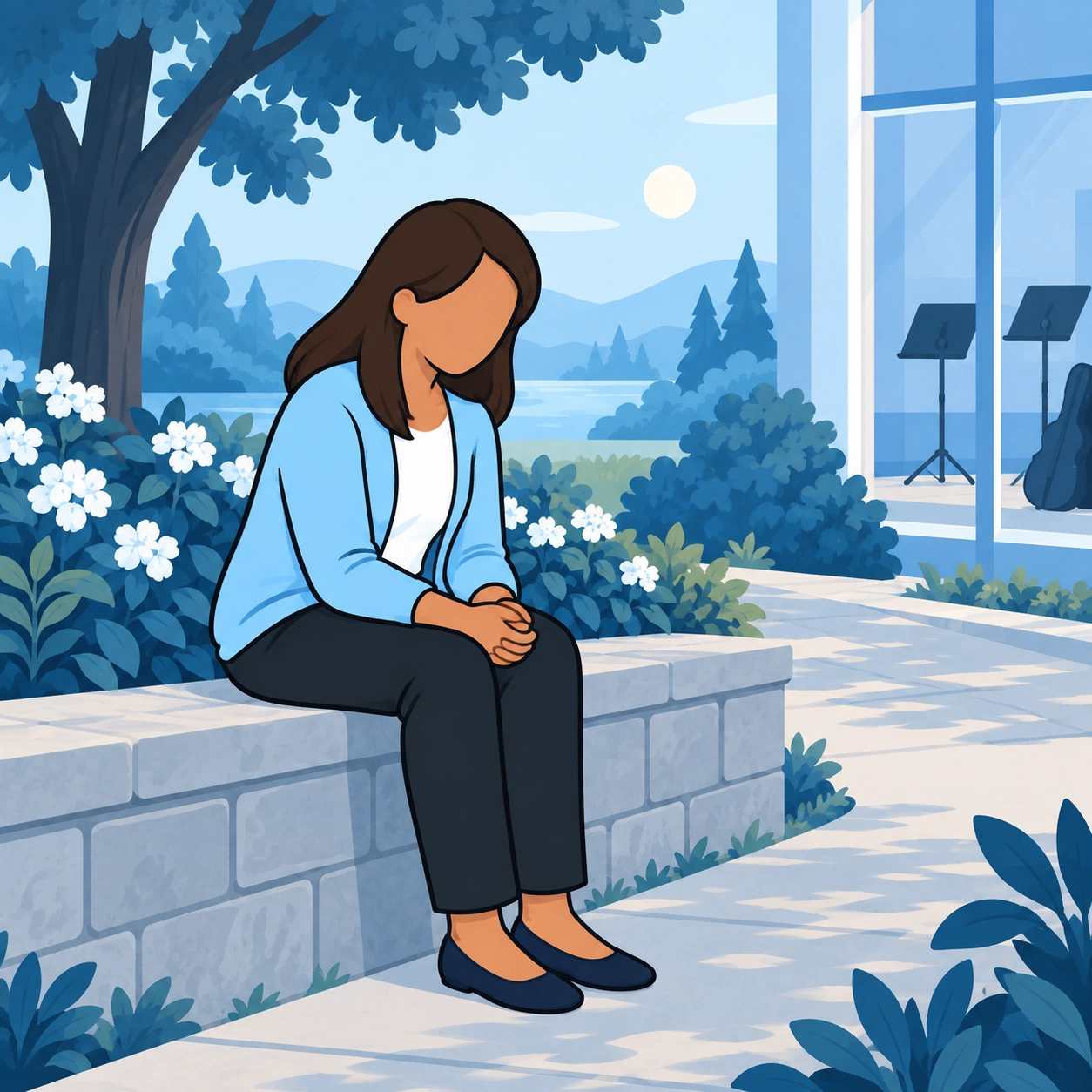 The woman sits alone with clasped hands on a low stone wall outside the music building.