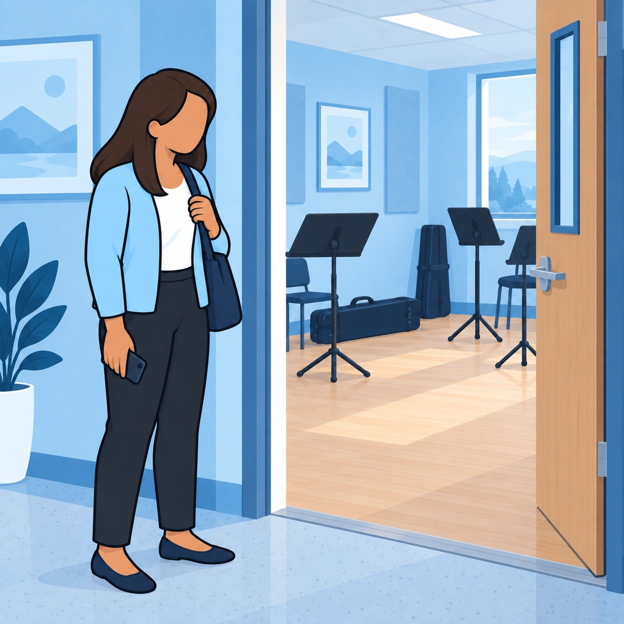 The woman pauses outside an empty rehearsal room with her phone lowered at her side.