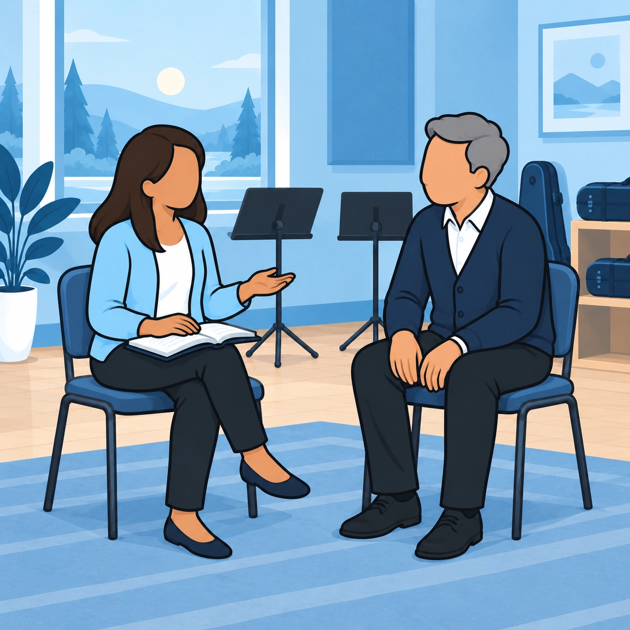 The woman speaks with an older adviser while holding an open notebook beside unused music stands.