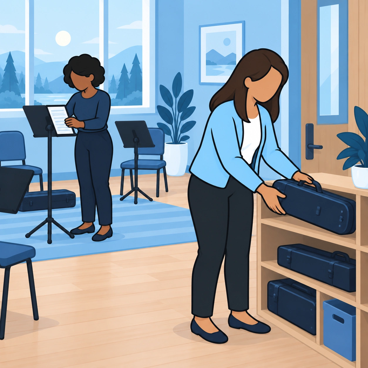 The woman puts away an instrument case while the other musician independently tidies her music stand several steps away.