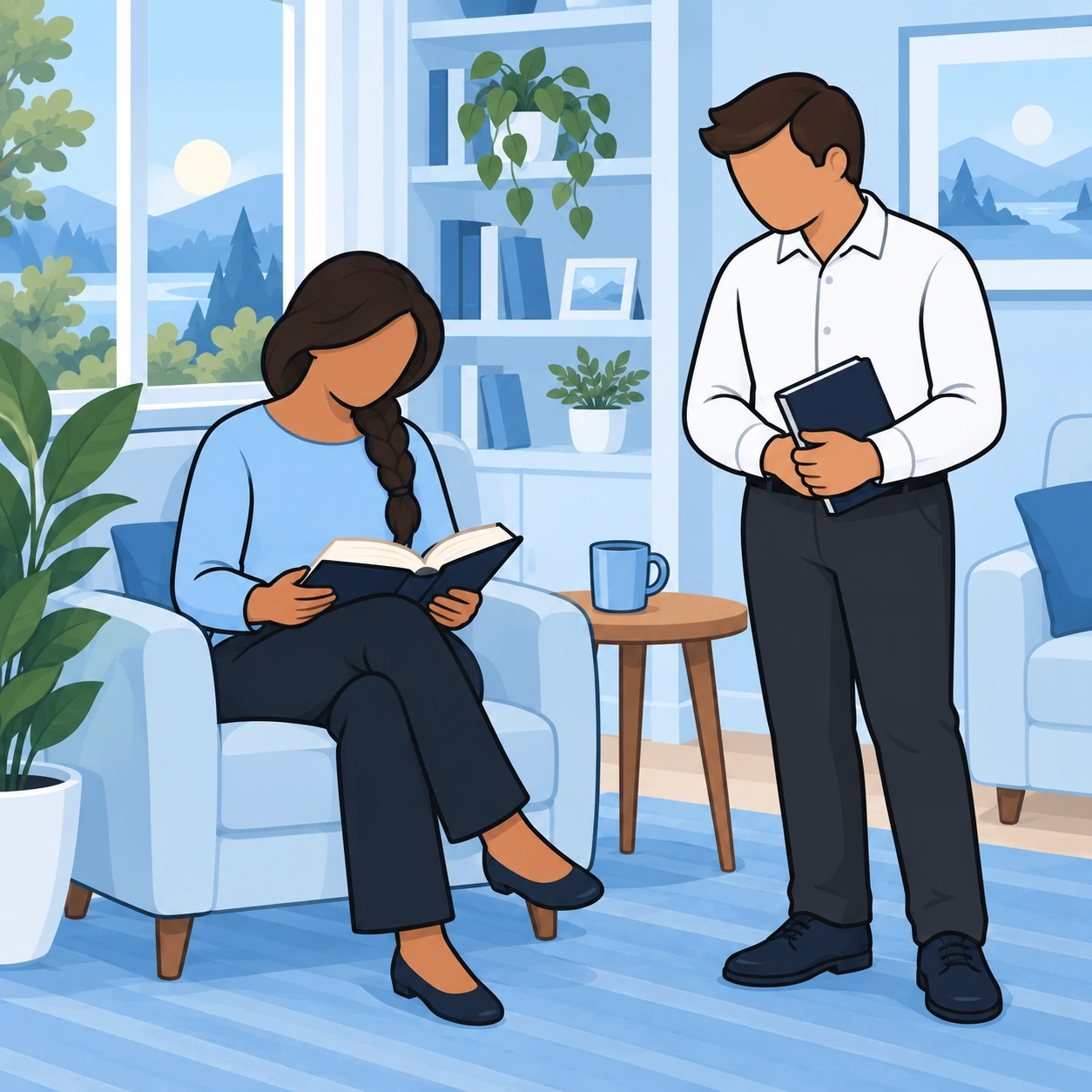 A wife reads her Bible while her husband stands nearby holding a journal.