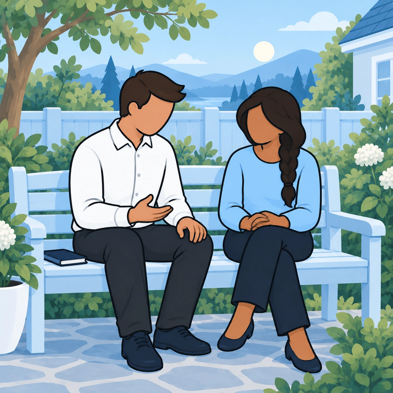 Spouses listen to one another on a garden bench.