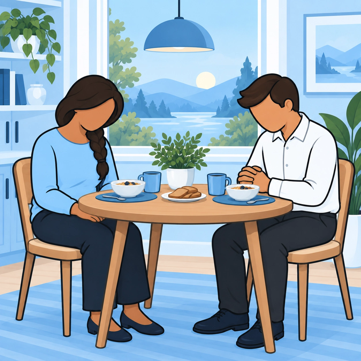 A wife joins attentively as her husband prays before breakfast.