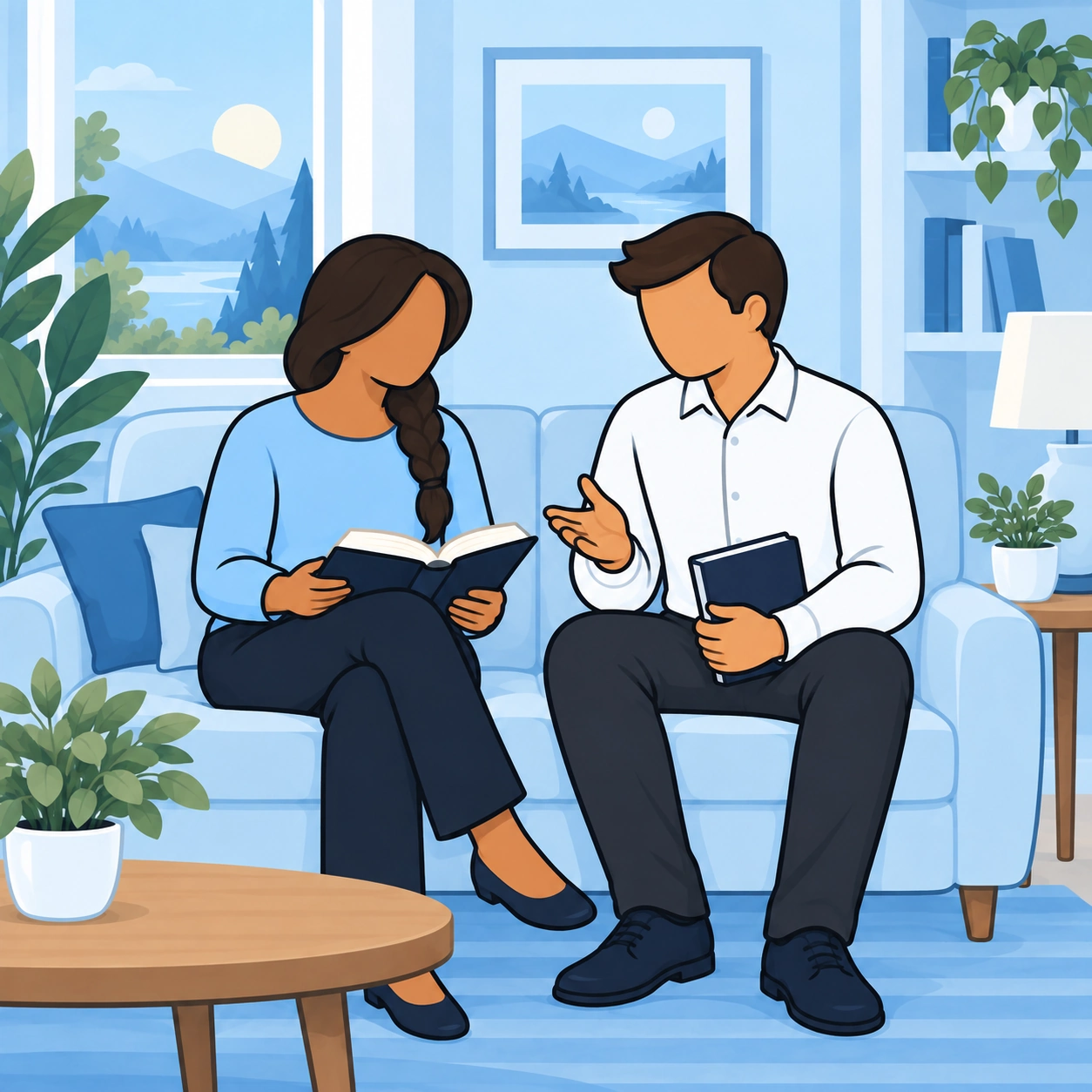 Spouses discuss their personal devotional practices with a Bible and journal.