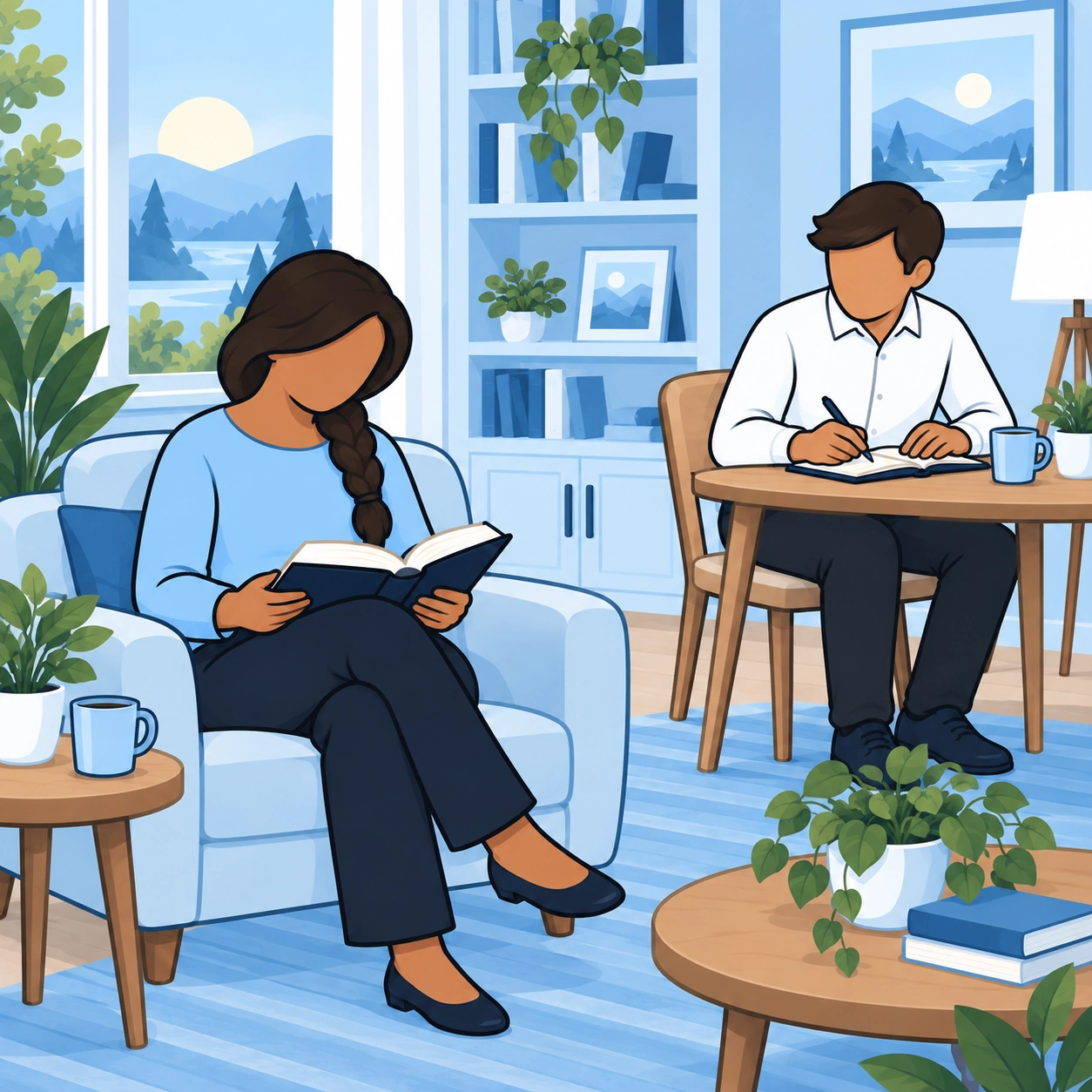 A wife reads in an armchair while her husband journals nearby.