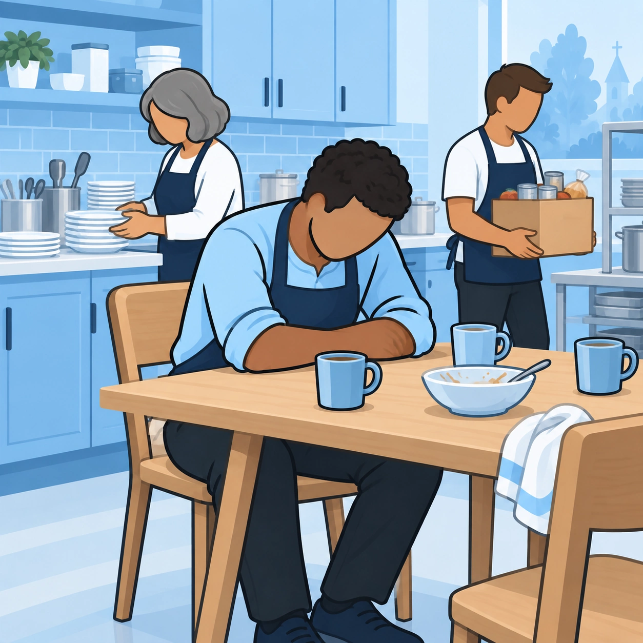 An exhausted volunteer sits at a community-kitchen table while two others finish their tasks.