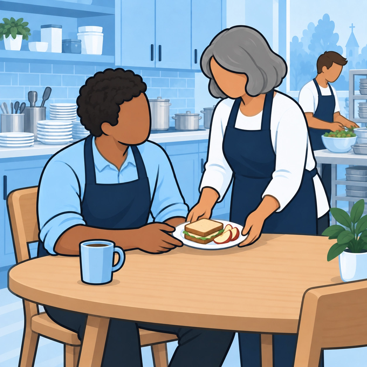 An older volunteer offers the seated man a meal, and he accepts her care.