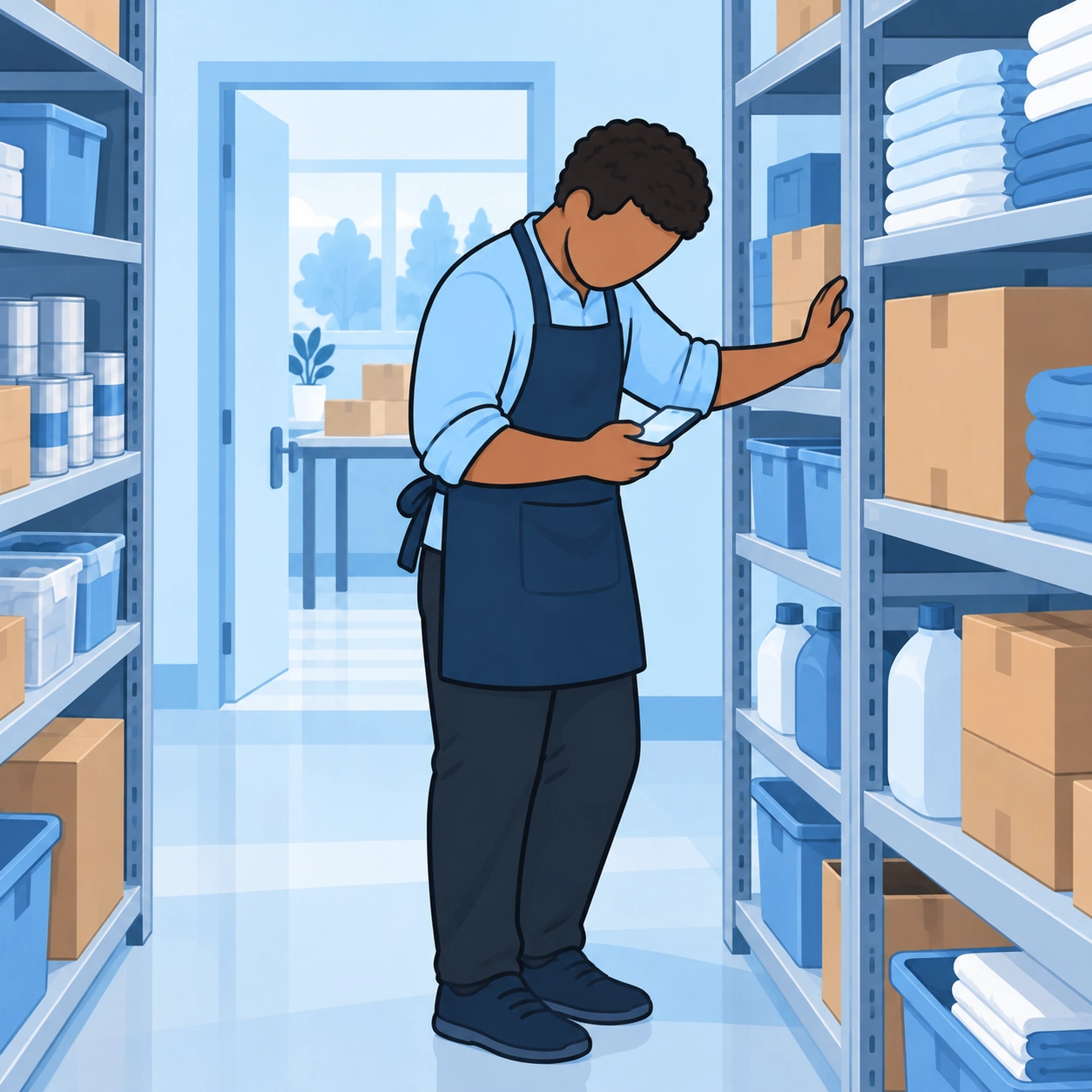 The man pauses with his phone in a community supply room.