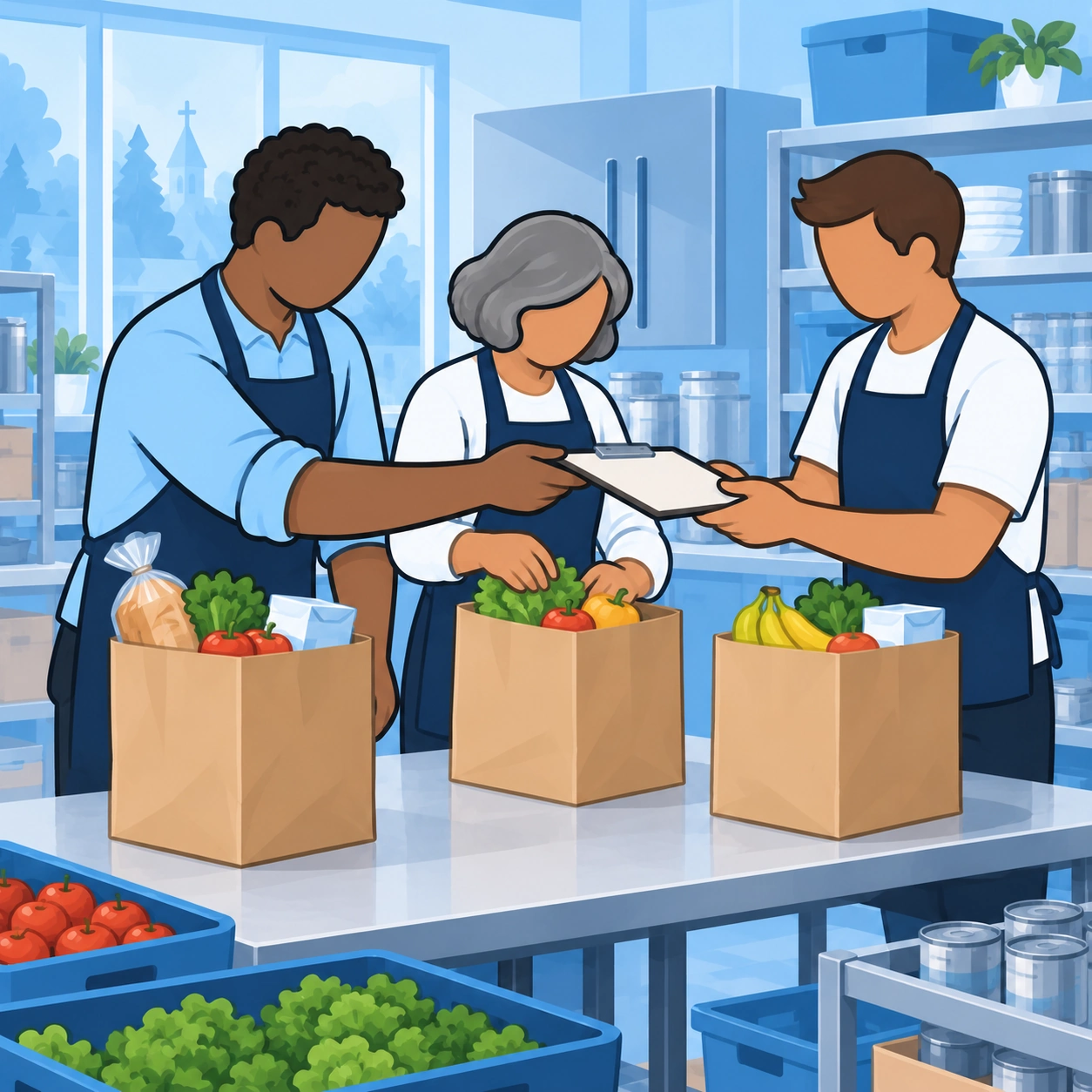 He hands a clipboard to another volunteer while an older woman packs groceries.