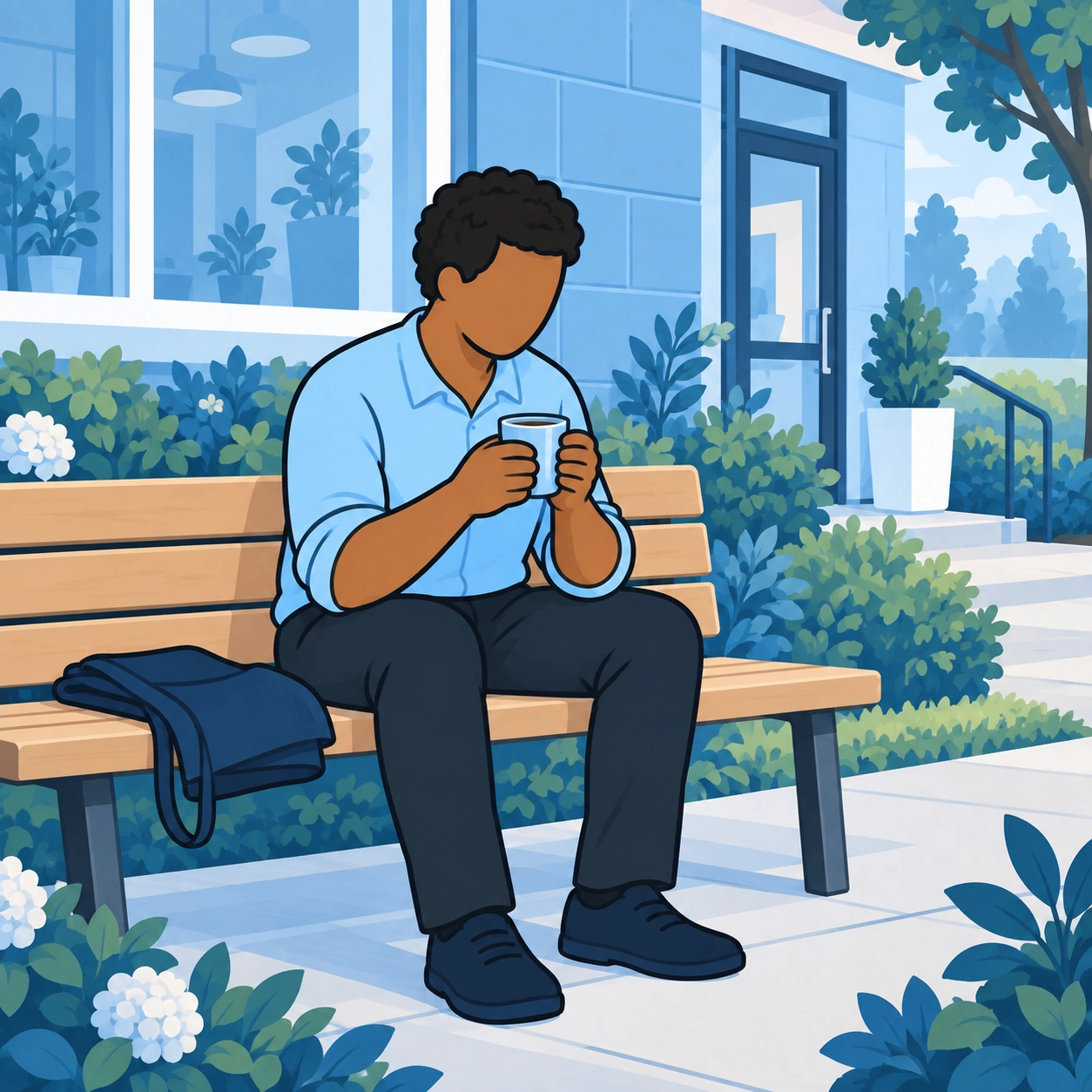 The man rests outside with a drink and his folded apron beside him.