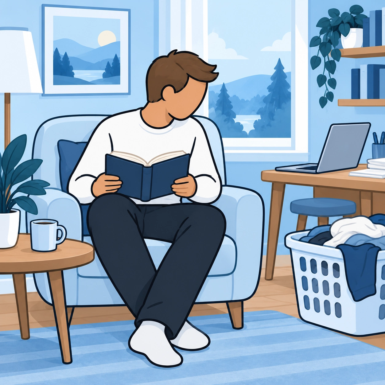 A man sits with a book while unfinished laundry and work remain nearby.