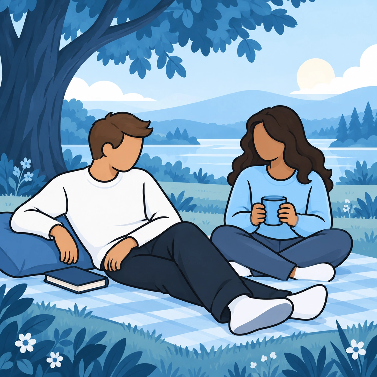 He rests on a picnic blanket while a woman sits beside him.