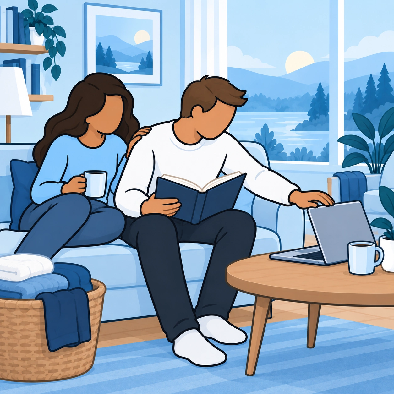 He reaches toward his laptop from a sofa.