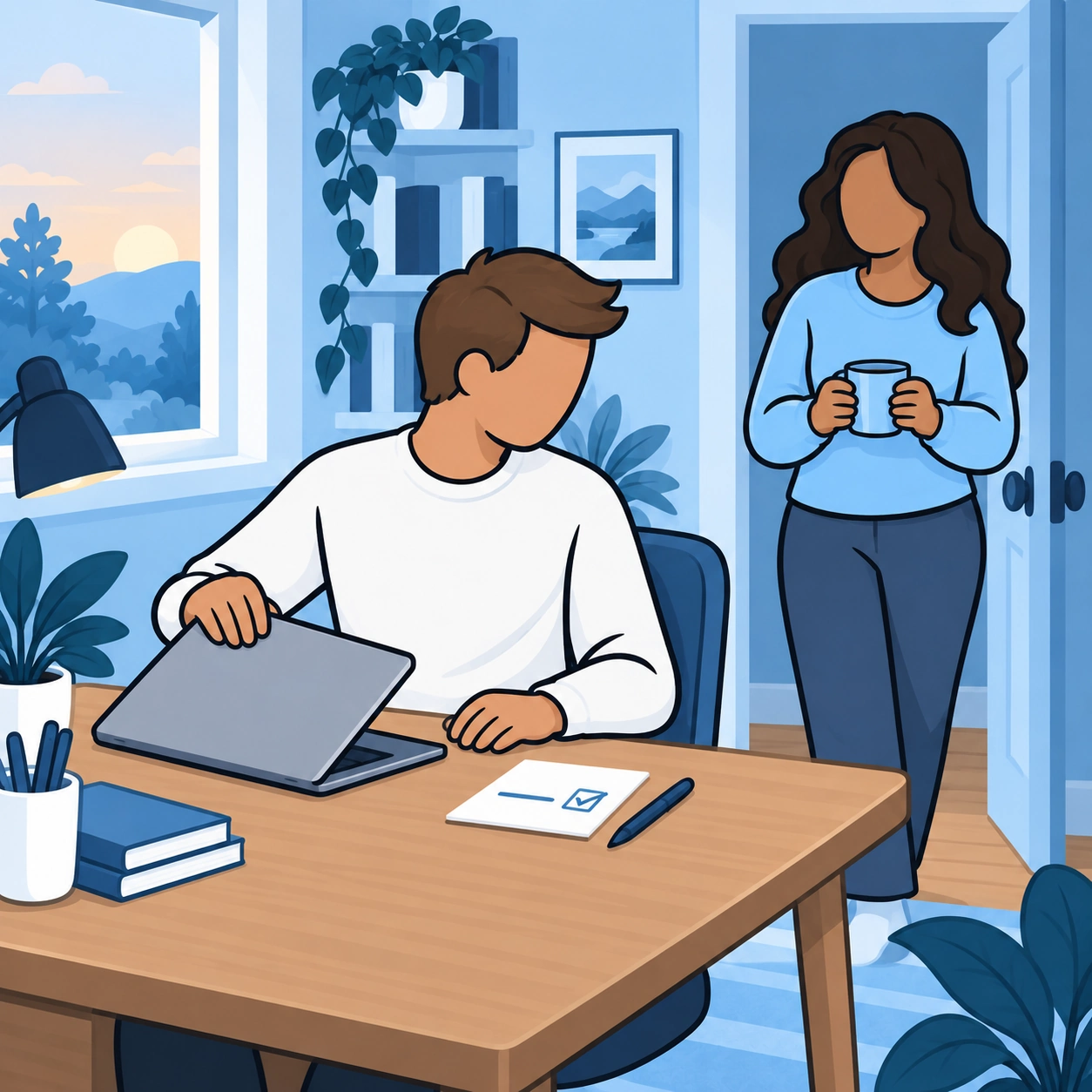 He closes work at his desk as the woman waits with a mug.