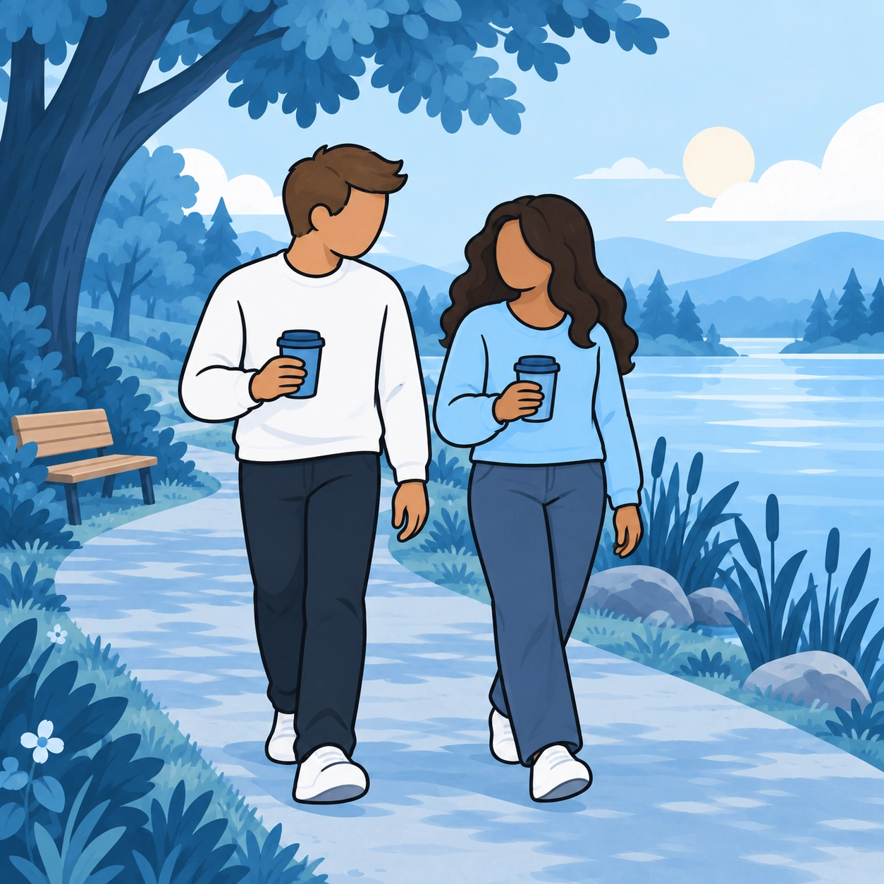 They walk beside a river carrying drinks.