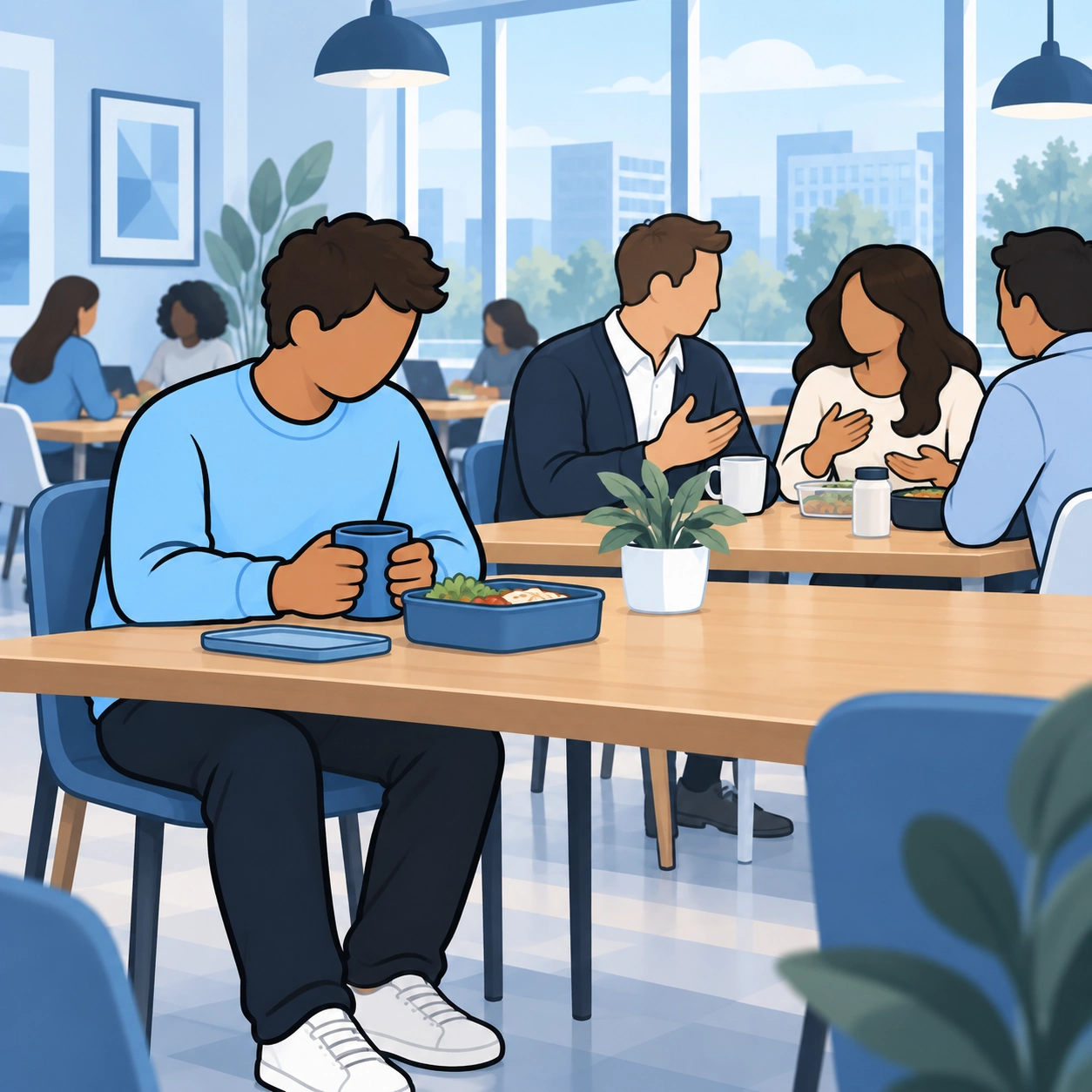 A man feels disconnected from the conversation at a busy office lunch table.