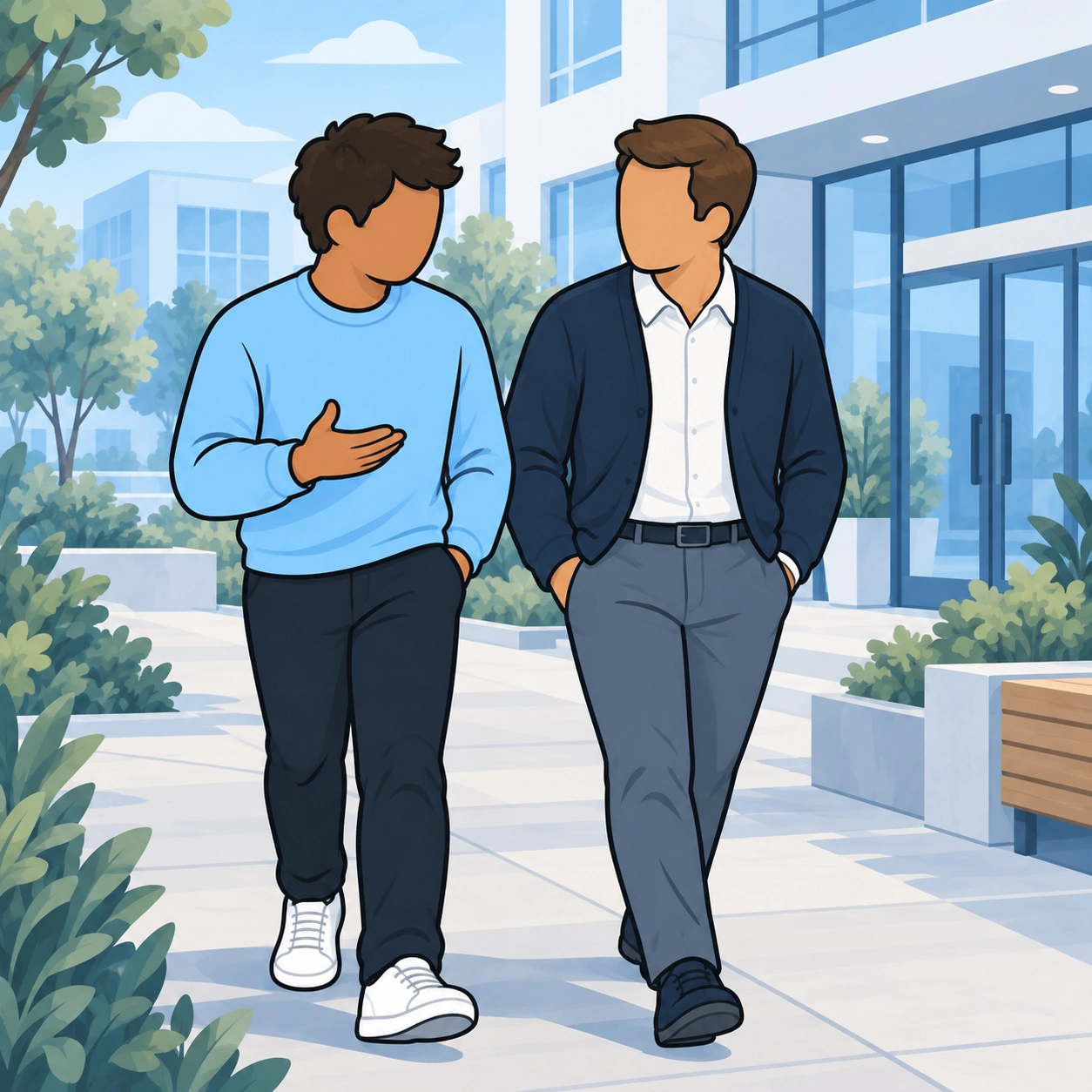 The man shares an honest conversation with a colleague while walking outside.
