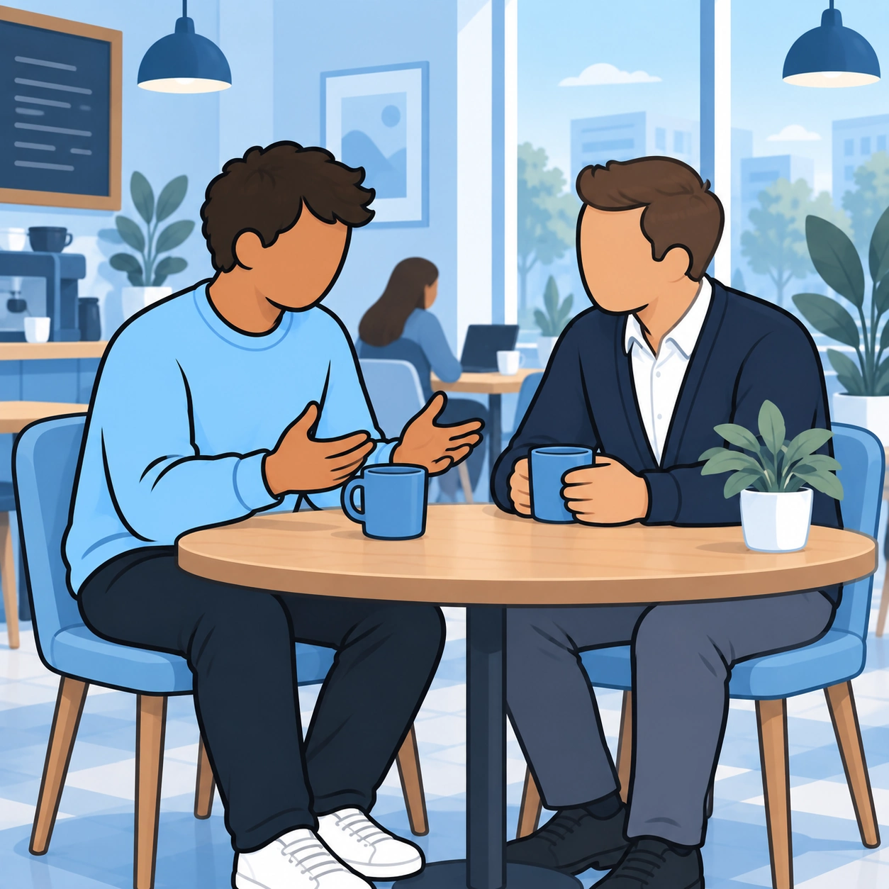 The two men make time for an honest conversation over coffee.