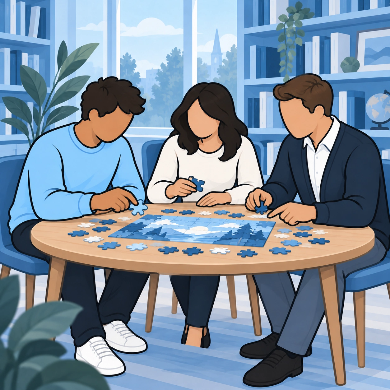 The man and two friends enjoy a shared jigsaw puzzle at the library.