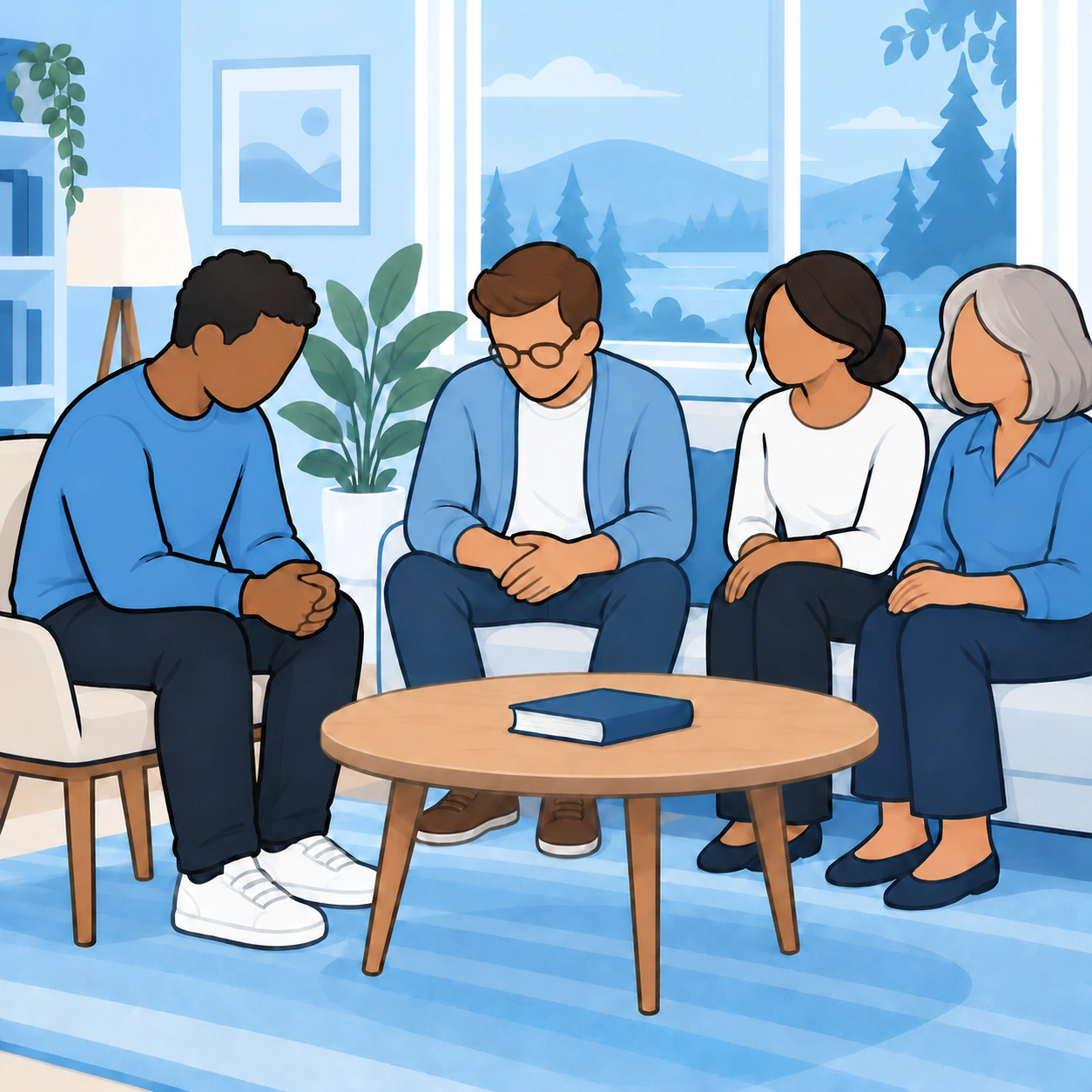 A nervous man sits with three supportive adults in a welcoming living-room group.
