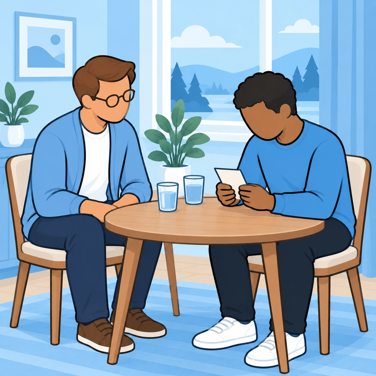 The man practices a short prayer with a trusted friend at a small table.